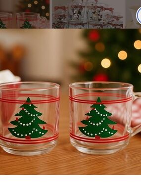 Vintage Waechtersbach Glass Mugs Green Christmas Tree Design Set of Four